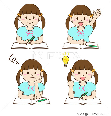 勉強するツインテール女の子のイラスト4種類バリエーション 125438382