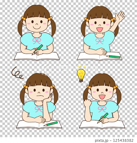 勉強するツインテール女の子のイラスト4種類バリエーション 125438382