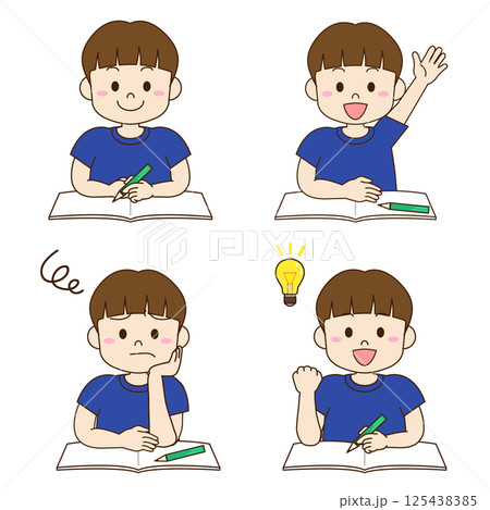 勉強する青い服の男の子のイラスト4種類バリエーション 125438385