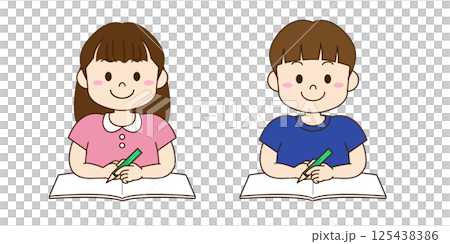 Illustration of a boy and girl sitting at a desk studying Illustration of a boy and girl sitting at a desk studying 125438386