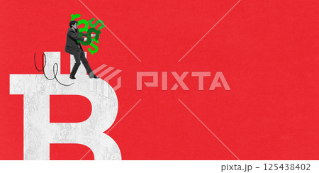 Businessman carrying dollar symbols standing on crypto letter, instability of fiat currency versus digital asset. Conceptual design. Businessman carrying dollar symbols standing on crypto letter, instability of fiat currency versus digital asset. Conceptual design. 125438402