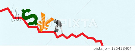 Man climbing red falling line with dollar and yen symbols, struggle of business in volatile exchange rate environment. 125438404