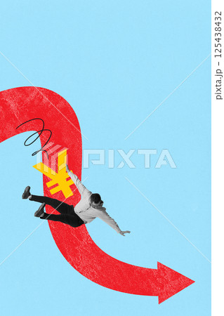 Red arrow and crashing motion send man falling with yellow yen, illustrating currency instability. Conceptual design. Red arrow and crashing motion send man falling with yellow yen, illustrating currency instability. Conceptual design. 125438432