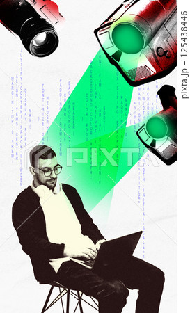 Man with laptop and headphones sits in digital spotlight as camera beams and code surround him, reflecting technocratic work culture 125438446