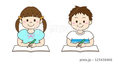 机に座って勉強する男の子と女の子のイラスト 机に座って勉強する男の子と女の子のイラスト 125438468