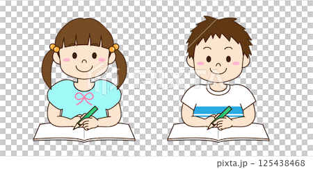 机に座って勉強する男の子と女の子のイラスト 机に座って勉強する男の子と女の子のイラスト 125438468
