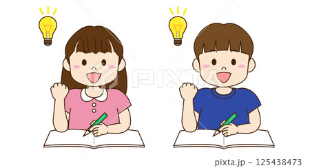 勉強する男の子と女の子が閃いているイラスト 勉強する男の子と女の子が閃いているイラスト 125438473