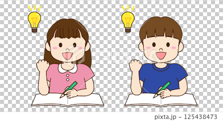 勉強する男の子と女の子が閃いているイラスト 勉強する男の子と女の子が閃いているイラスト 125438473