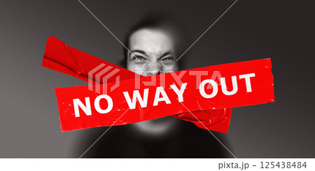 Angry man shouting with anger, in despair with red NO WAY OUT tape covering his mouth, reflecting trapped feeling in worsening economic downfall. Angry man shouting with anger, in despair with red NO WAY OUT tape covering his mouth, reflecting trapped feeling in worsening economic downfall. 125438484