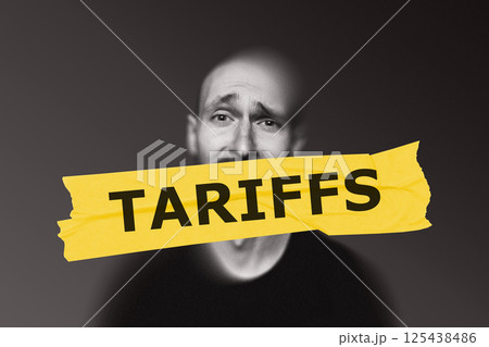 Worried man with yellow TARIFFS tape covering mouth reflecting helplessness in face of rising trade costs and economic restrictions. 125438486