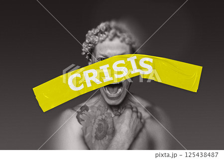 Screaming man with yellow CRISIS tape across face. Economic crisis 125438487
