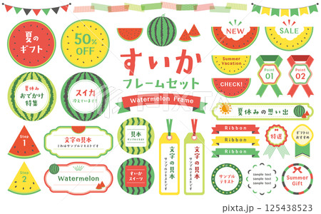 スイカのイラストをあしらったフレーム素材とリボンのセット 125438523