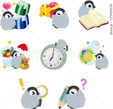 ふわふわの赤ちゃんペンギンたちが、毎日をもっとかわいく彩る、やさしくて楽しいイラストセット 125438556