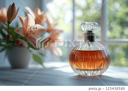 Luxurious perfume bottle glistening positioned on a flowers spring background. Showcasing high-end fragrance products in marketing and advertising campaigns. Luxurious perfume bottle glistening positioned on a flowers spring background. Showcasing high-end fragrance products in marketing and advertising campaigns. 125438580