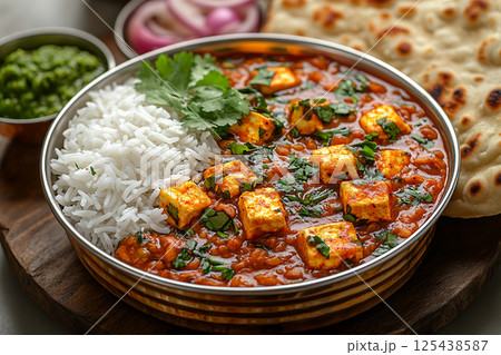 Indian Tiffin lunch box. Traditional Indian stainless steel tiffin with rice, dal, paneer curry and naan bread. 125438587
