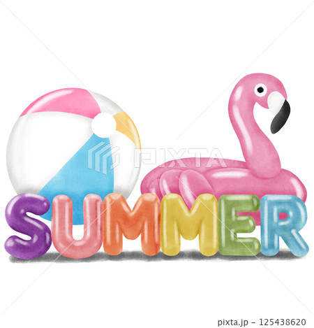 The letters say summer with a ball and a flamingo float in the background. 125438620