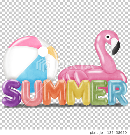 The letters say summer with a ball and a flamingo float in the background. 125438620