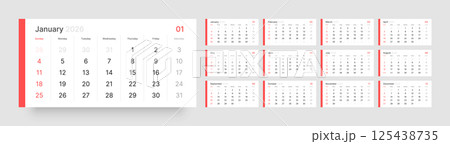 Monthly calendar layout for 2026. Planner diary. 125438735