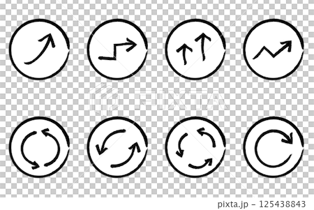 Set of cute simple arrow icons in hand drawn black and white, growth and repeat (circle button type) 125438843