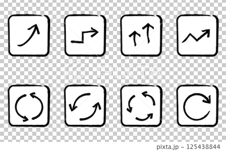 手描きの白黒でかわいいシンプルな矢印アイコンのセット、成長とリピート（四角ボタンタイプ） 125438844
