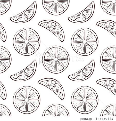 Seamless pattern with line art style lemon slices on white background. Perfect for healthy food packaging, kitchen, textile, summer design and citrus fruit project. 125439113