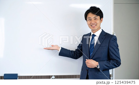 《AI画像》ホワイトボードの前でプレゼンをするスーツ姿の男性 125439475
