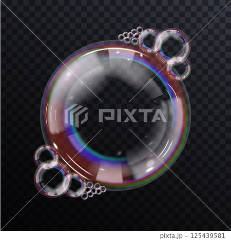 Realistic soap bubbles float delicately 125439581