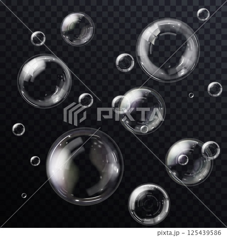 Realistic soap bubbles float delicately 125439586