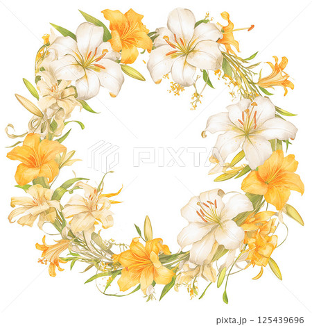 【AI生成画像】水彩タッチの白とオレンジの百合のリース型フレーム 125439696