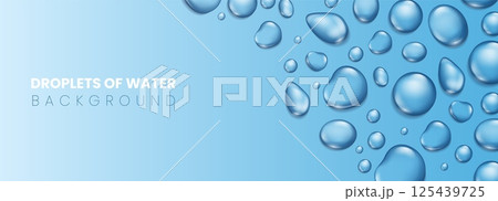 Blue water drops. 3D realistic rain droplets with light reflection, abstract wet texture, scattered pure aqua blobs. World water day, save planet resources vector background 125439725