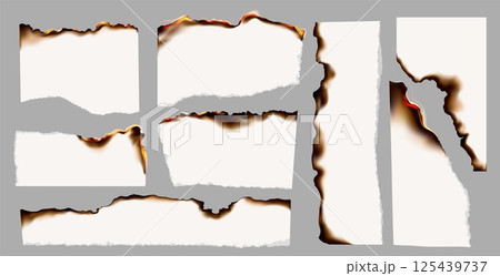 Burning paper. Realistic burning torn paper pieces with fire flame, white paper sheets with charred burnt edges, black ash and fire. Scorched and smoldering frame. Vector set 125439737