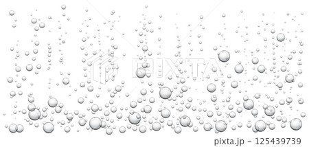Underwater bubbles. Realistic fizzing air bubbles popping up, fizzy drink or soda pop, sparkling water texture. Vector isolated set on transparent background 125439739