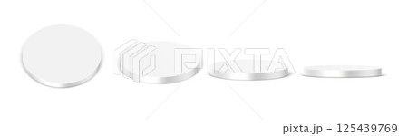 White round podium. Grey platform, podium. Round stage for product presentation. White brand display for exhibition in different view angles. 3d cylinder render vector set White round podium. Grey platform, podium. Round stage for product presentation. White brand display for exhibition in different view angles. 3d cylinder render vector set 125439769