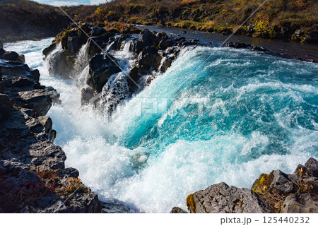 Blue Midfoss Bruarfoss waterfalls in Iceland. Great tourist attraction Blue Midfoss Bruarfoss waterfalls in Iceland. Great tourist attraction 125440232
