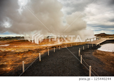 Gunnuhver Hot Springs spectacular landscape with steam from geothermal hot springs in Iceland, Reykjanes 125440244