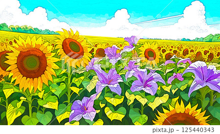夏の青空とひまわり畑 125440343