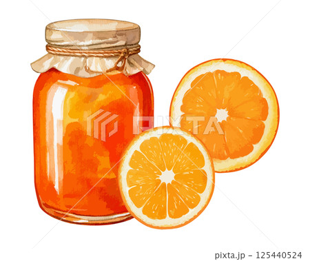 オレンジとジャムの瓶の水彩風イラストセット 生成AI オレンジとジャムの瓶の水彩風イラストセット 生成AI 125440524