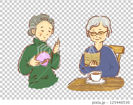 趣味を楽しむシニア女性　アクティブシニア　高齢者　コーヒー　読書　縫い物　刺繍 125440530