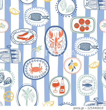 Blue striped Mediterranean summer seamless pattern. Cute Italian cuisine, lobster, crab, sardine in vector 125440810