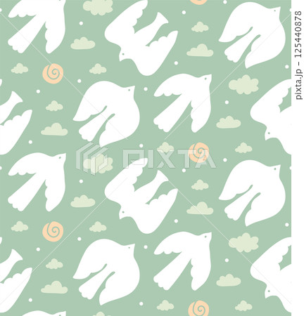 Abstract bird shapes seamless pattern. Contemporary naive art flat cartoon background, simple birds flying in bright pastel sky colors. Flat hand drawn vector illustration. 125440878