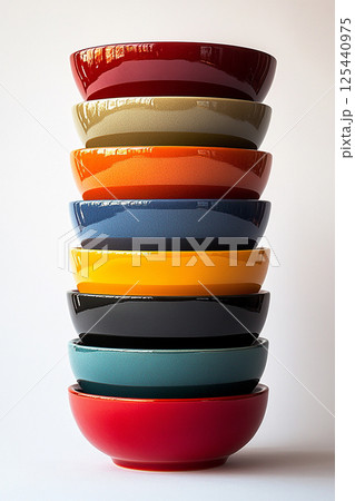 Stack of colorful bowls on a white background. 125440975