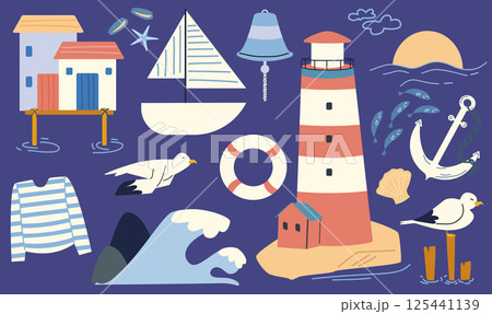 A set of marine illustrations in  cartoon style. Lighthouse, seagulls, beach house, ship. Elements of marine life and cruise. 125441139