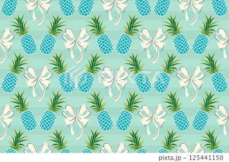 Sweet pineapple, cute bow tie seamless pattern with striped blue color background 125441150
