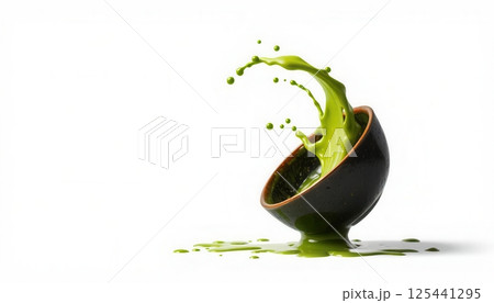Minimalist black ceramic matcha bowl for traditional Japanese tea preparation ,On white isolated background 125441295