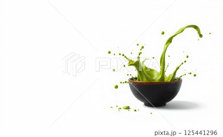Minimalist black ceramic matcha bowl for traditional Japanese tea preparation ,On white isolated background 125441296