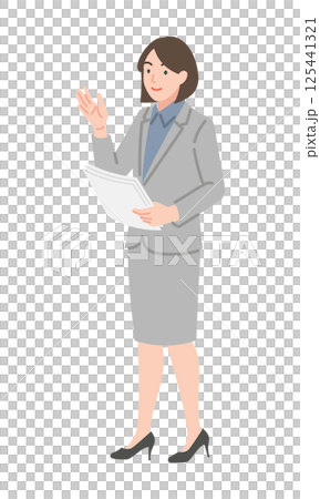 A woman in a suit holding documents and talking 125441321