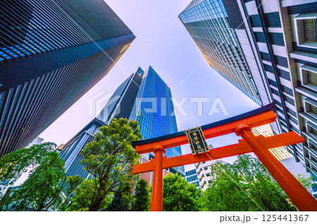 日本の東京都市景観 日本橋室町・ビルの谷間の福徳神社などを望む。（外国人観光客らで賑わう） 125441367