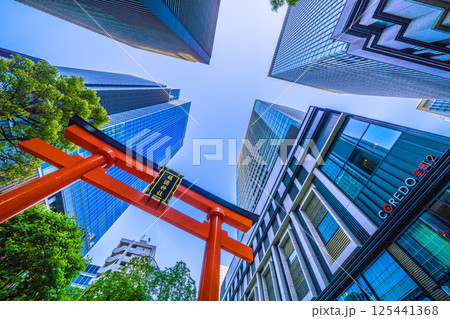 日本の東京都市景観 日本橋室町・ビルの谷間の福徳神社などを望む。（外国人観光客らで賑わう） 125441368