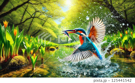 カワセミと若葉に新緑 カワセミと若葉に新緑 125441542