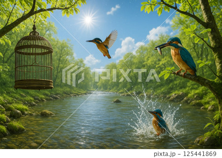 カワセミと若葉に新緑 木の枝に鳥籠 カワセミと若葉に新緑 木の枝に鳥籠 125441869